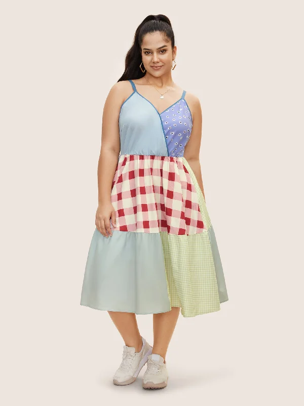 Overlap Collar Plaid Patchwork Midi Dress