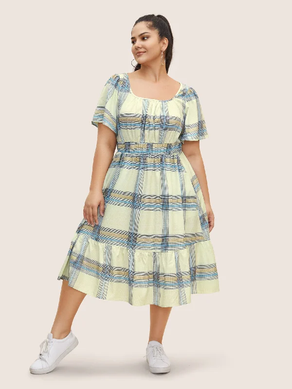 Plaid Elastic Waist Gathered Midi Dress