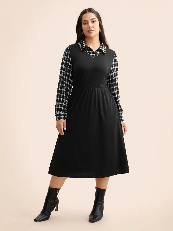 Plaid Patchwork Elastic Waist Midi Dress