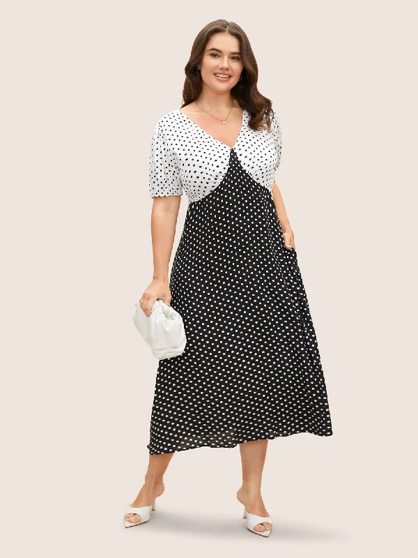 Polka Dot Contrast Lantern Sleeve Midi Dress