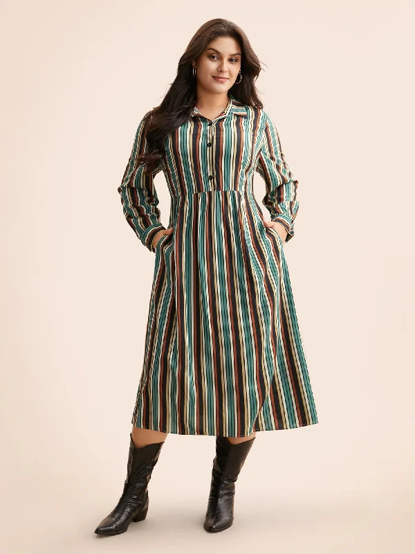 Shirt Collar Contrast Striped Midi Dress