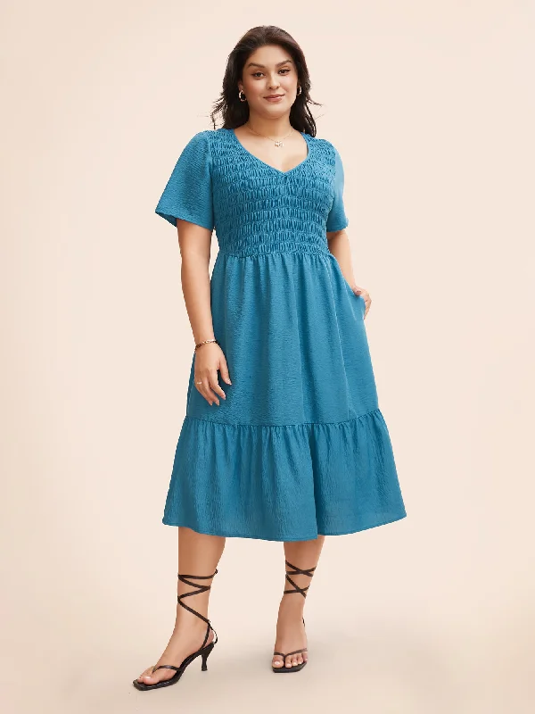 Solid Shirred Ruffle Hem Midi Dress