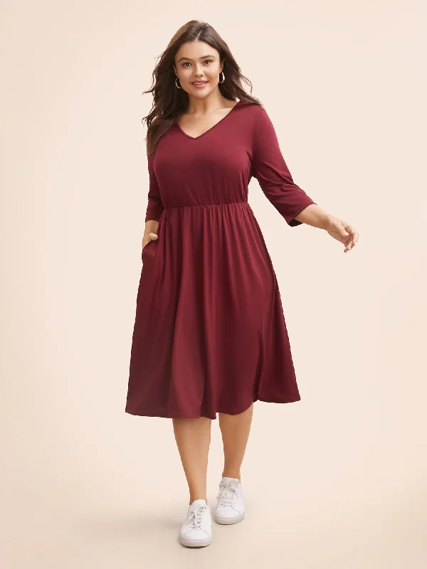 Solid V Neck Elastic Waist Midi Dress