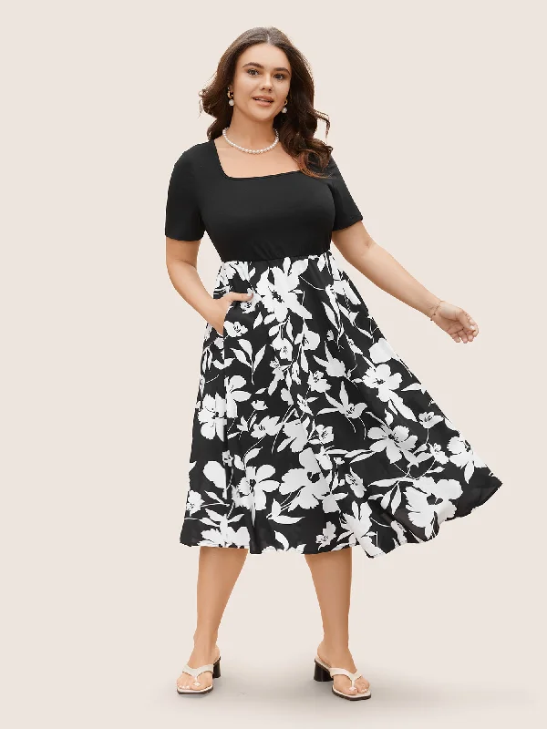 Square Neck Silhouette Floral Print Midi Dress