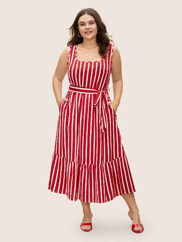 Square Neck Striped Belted Midi Dress