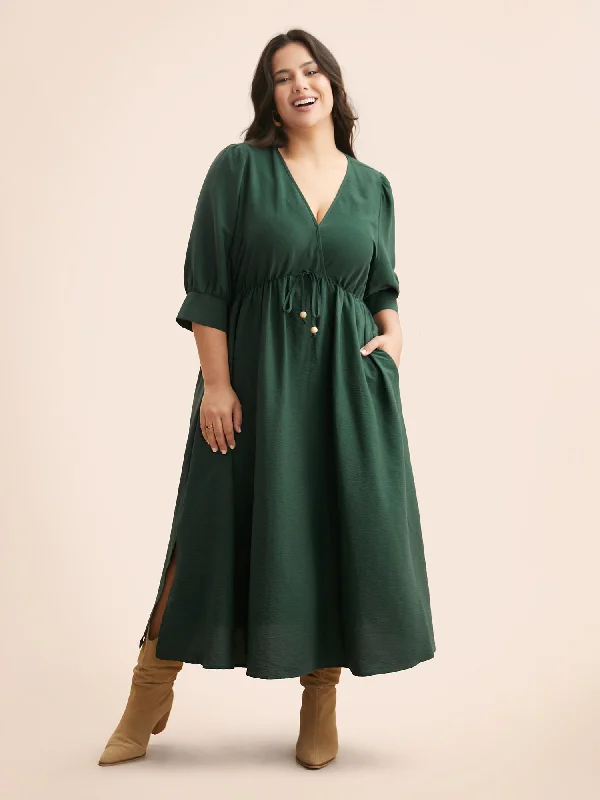 V Neck Tie Knot Slit Hem Midi Dress