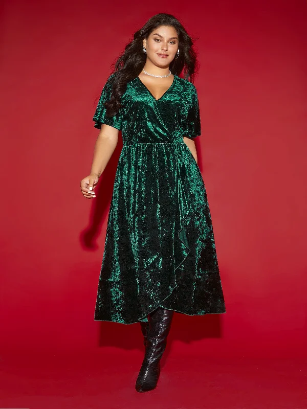 Velvet Surplice Neckline Ruffle Sleeves Midi Dress