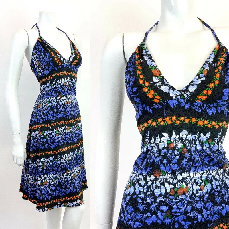 VINTAGE 60s 70s BLACK BLUE ORANGE WHITE FLORAL PSYCHEDELIC HALTER MINI DRESS 10