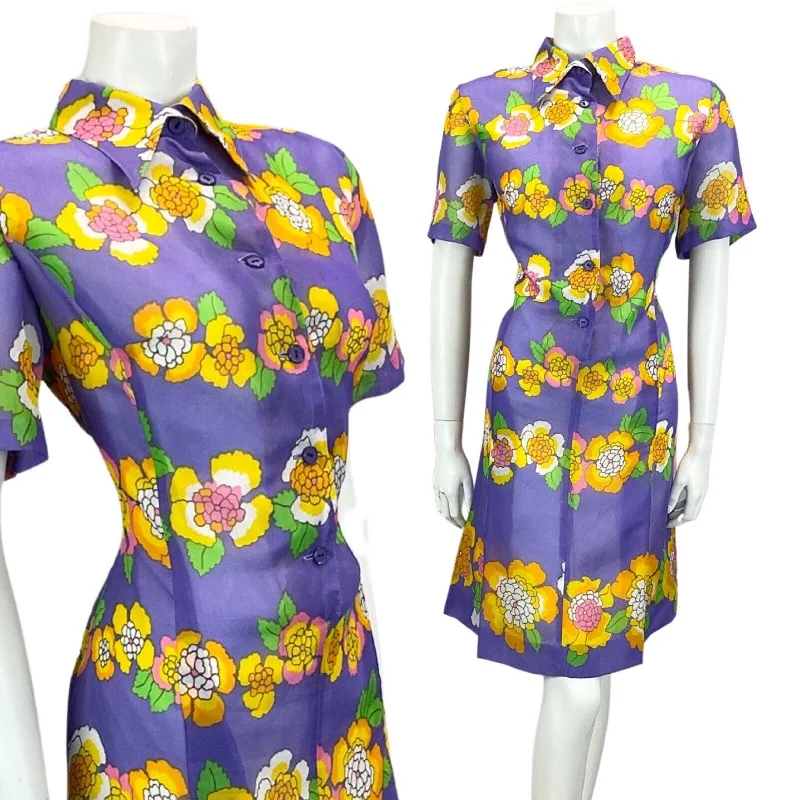 VINTAGE 60S 70S PURPLE PINK ORANGE FLORAL PRINT BOHO MOD MINI DRESS 16