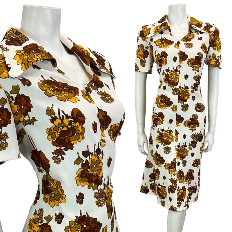 VINTAGE 60S 70S WHITE BROWN MUSTARD FLORAL AUTUMNAL MINI DRESS 14 16