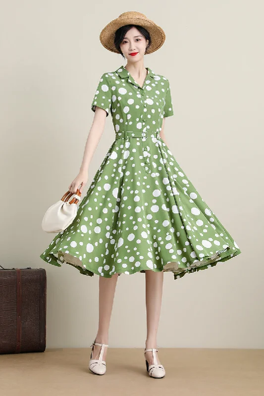 1950s Green Polka Dot Swing Shirtwaist Midi Dress 3309