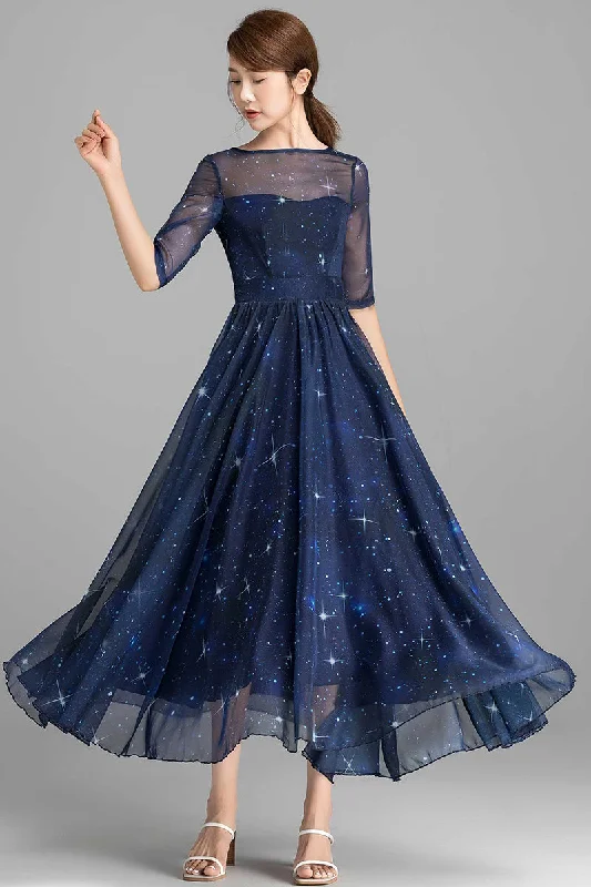 Summer Women Blue Starry Sky Swing Chiffon Midi Dress 2353#