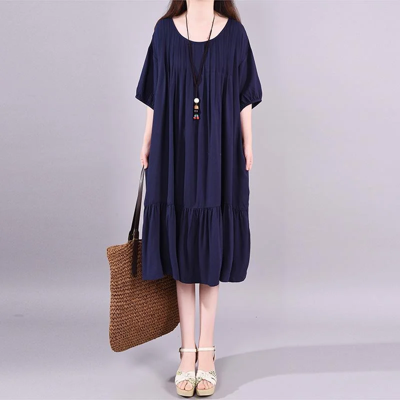 Handmade dresses Fitted Navy Blue Round Neck Draped Midi Dress