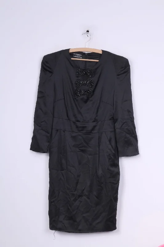 Malene Birger Womens 38 M Midi Dress Style Ares Black Silk Shoulder Pads 7/8 Sleeve