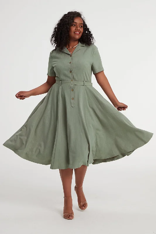 Short Sleeve Plus Size Green Linen Swing Midi Dress 3404#