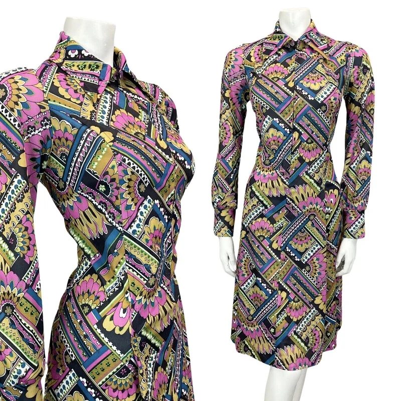 VINTAGE 60s 70s BLACK PURPLE BLUE GREEN PSYCHEDELIC MOD MIDI DRESS 8 10