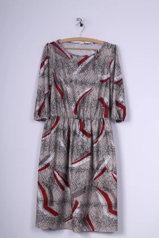 Vintage Womens L Midi Dress Abstract-Print Grey Crew Neck Short Sleeve