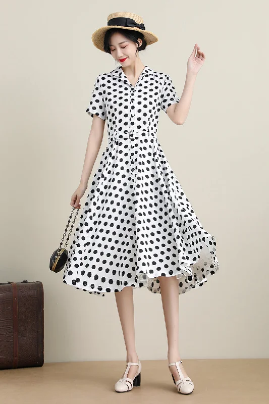 White Polka Dot Retro Swing Shirtwaist Midi Dress 3308#