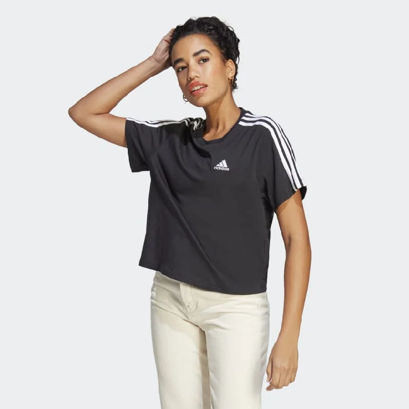 ADIDAS WOMEN'S ESSENTIALS 3-STRIPES SINGLE JERSEY BLACK CROP TEE Hooded Caped Shawl Collar ADIDAS WOMEN'S ESSENTIALS 3-STRIPES SINGLE JERSEY BLACK CROP TEE Hooded Caped Shawl Collar