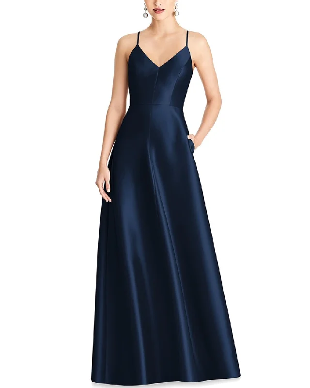 Alfred Sung V-Neck Full Skirt Satin Maxi Dress