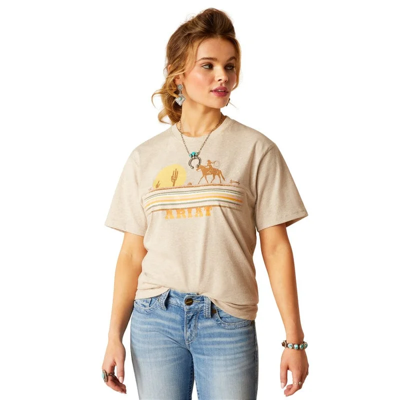Ariat Women's Cowgirl Desert Oatmeal Heather Graphic T-Shirt 10048680 Zippered Front Buttoned Front Snap Front Ariat Women's Cowgirl Desert Oatmeal Heather Graphic T-Shirt 10048680 Zippered Front Buttoned Front Snap Front