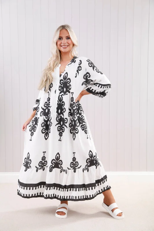 Black Damask Print Maxi Dress