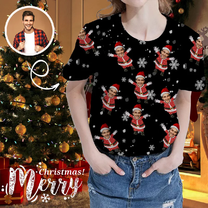 Custom Face Christmas Santa Snowflake Women's All Over Print T-shirt Mesh Blend Leather Blend Suede Blend