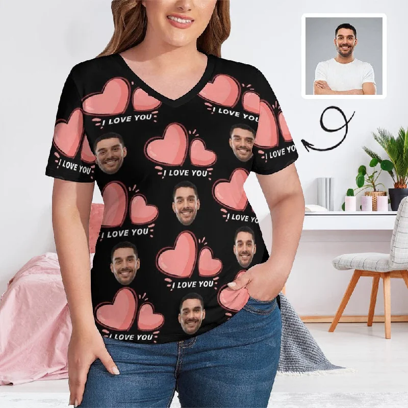 #Plus Size T-shirt-Custom Face Pink Love Plus Size V Neck T-shirt for Her Print Your Own Face on Shirt Cozy Warm Stylish #Plus Size T-shirt-Custom Face Pink Love Plus Size V Neck T-shirt for Her Print Your Own Face on Shirt Cozy Warm Stylish