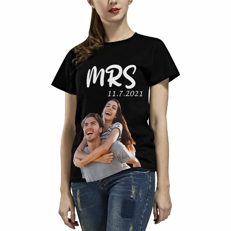 Custom Photo&Date Mrs Loving Couple Women's All Over Print T-shirt Chenille Brocade Lace