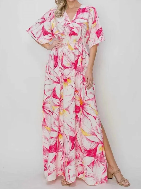 Floral Short Sleeve Maxi Dress In Fuchsia