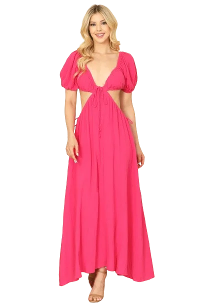 Fuchsia Side Cut Out Detail Puff Sleeve Solid Maxi Dress -  Pack of 5