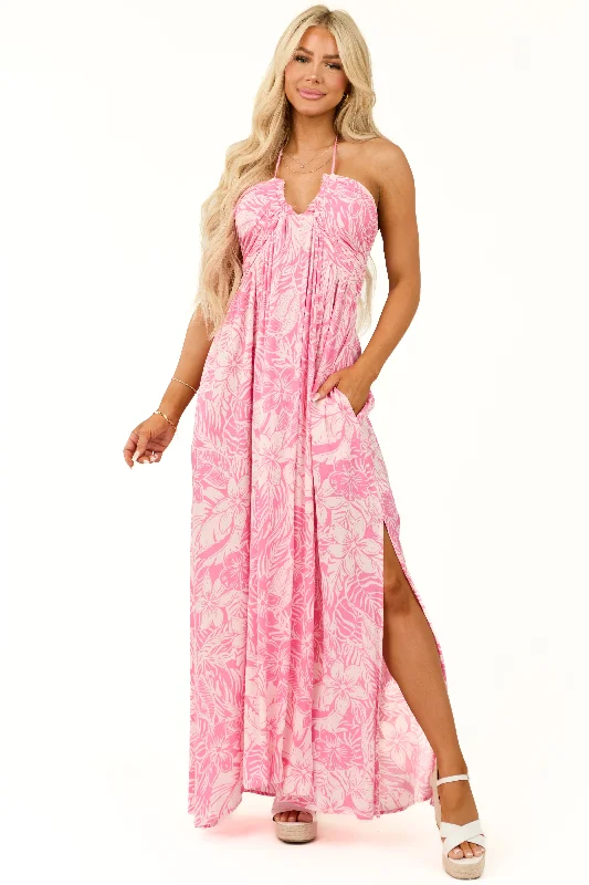 Magenta Floral Print Deep V Neck Maxi Dress