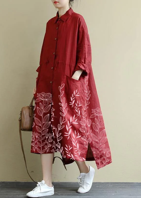 Red-flowers Linen Shirt Dress Casual Oversize Spring Maxi Dresses