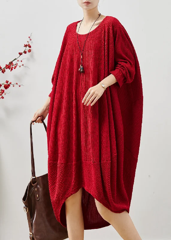 Red Patchwork Cotton Maxi Dress Oversized Wrinkled Fall