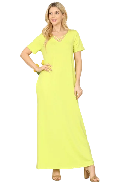 Side Slit Criss Cross Neckline Maxi Dress Vintage Lime -  Pack of 7