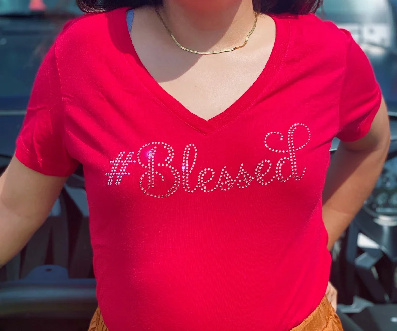 #Blessed Rhinestone Women's Ideal V-Neck Tee