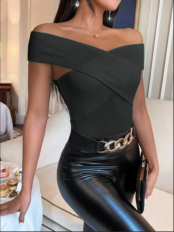 Slim One-Shoulder Solid Color Sleeveless Sexy Cross Pit Strip Top Open Back Knitted T-Shirt For Women