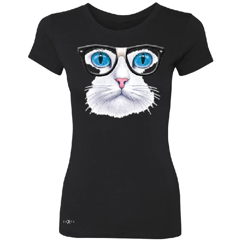 Zexpa Apparelâ„¢ CAT WITH NERD GLASSES Women's T-shirt Kitty Kitten Horn Rim Tee