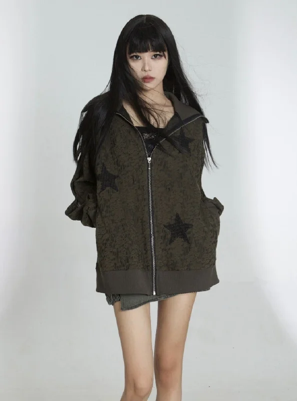 ARIADNAw Star-Embellished Zip-Up Jacket - Charcoal Gray (Unisex) Faux Fur Jacket Real Fur Jacket Shearling Jacket