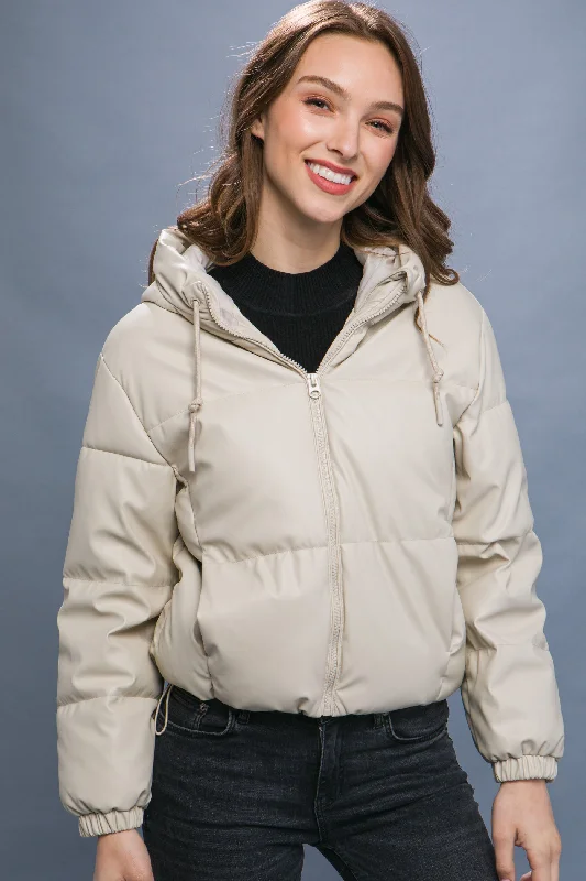 Pu Faux Leather Zipper Hooded Puffer Jacket Appliqued Jacket Beaded Jacket Sequined Jacket