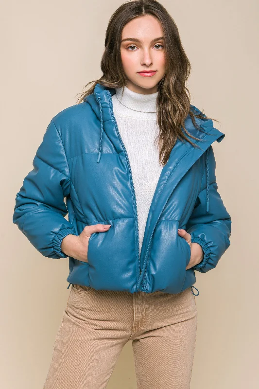 Pu Faux Leather Zipper Hooded Puffer Jacket Tiered Jacket Buttoned Jacket Zippered Jacket