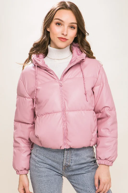 Pu Faux Leather Zipper Hooded Puffer Jacket Belted Jacket Elasticated Jacket Padded Jacket