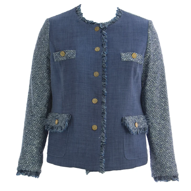MARINA RINALDI Women's Blue Centuria Fringe Wool Jacket $1435 NWT One-Shoulder Jacket Off-the-Shoulder Jacket Asymmetrical Jacket MARINA RINALDI Women's Blue Centuria Fringe Wool Jacket $1435 NWT One-Shoulder Jacket Off-the-Shoulder Jacket Asymmetrical Jacket