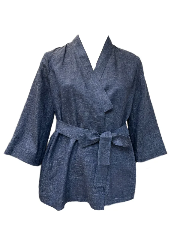 MARINA RINALDI Women's Navy Focus Flax Open Front Jacket $625 NWT A-Line Jacket Boat Neck Shawl Collar MARINA RINALDI Women's Navy Focus Flax Open Front Jacket $625 NWT A-Line Jacket Boat Neck Shawl Collar