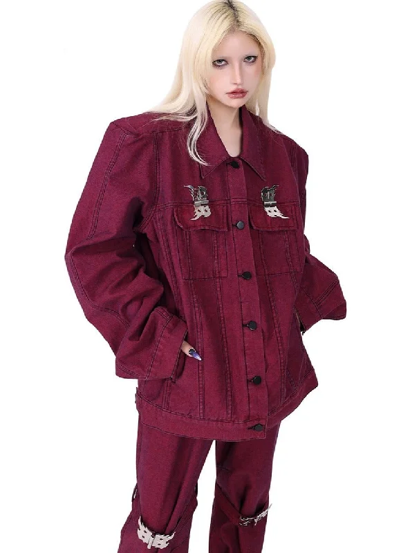 PINKSPINK Burgundy Denim Jacket - Silver Emblem Edition Faux Fur Fabric Real Fur Fabric Shearling Fabric