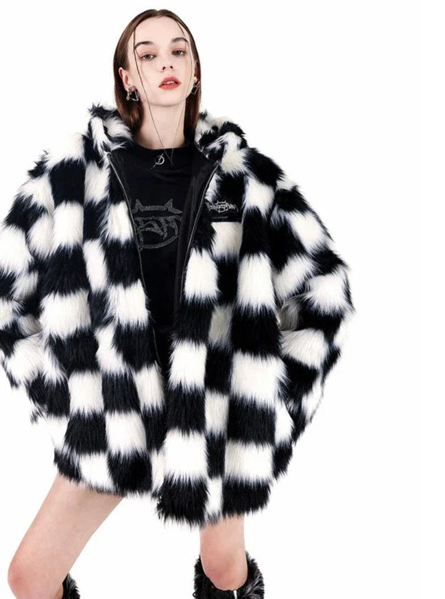 PINKSPINK Checkered Faux Fur Jacket - Black and White Oversized Jacket Tailored Jacket Straight Jacket