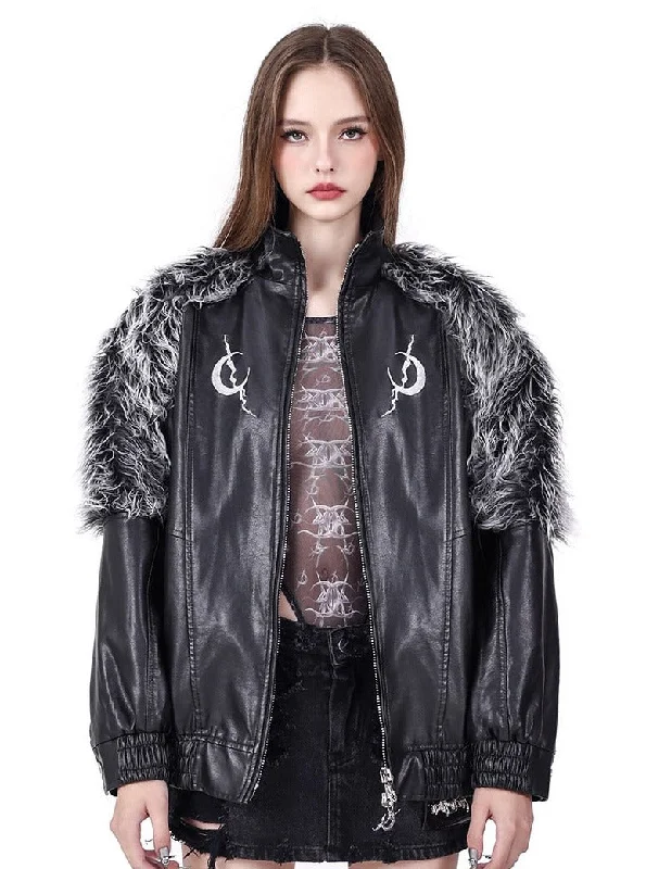 PINKSPINK Gothic Lunar Bomber Jacket - Black with Faux Fur Mesh Jacket Canvas Jacket Denim Jacket
