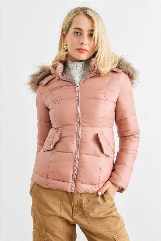 Long Sleeve Faux Fur Hood Padded Water Resistant Finish Jacket Quilted Jacket Puffer Jacket Insulated Jacket