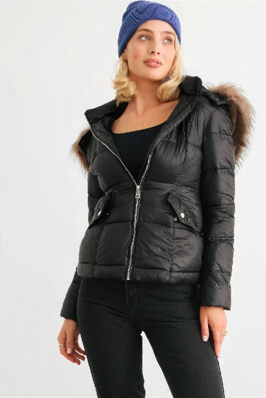 Long Sleeve Faux Fur Hood Padded Water Resistant Finish Jacket Anorak Shell Jacket Lightweight Jacket