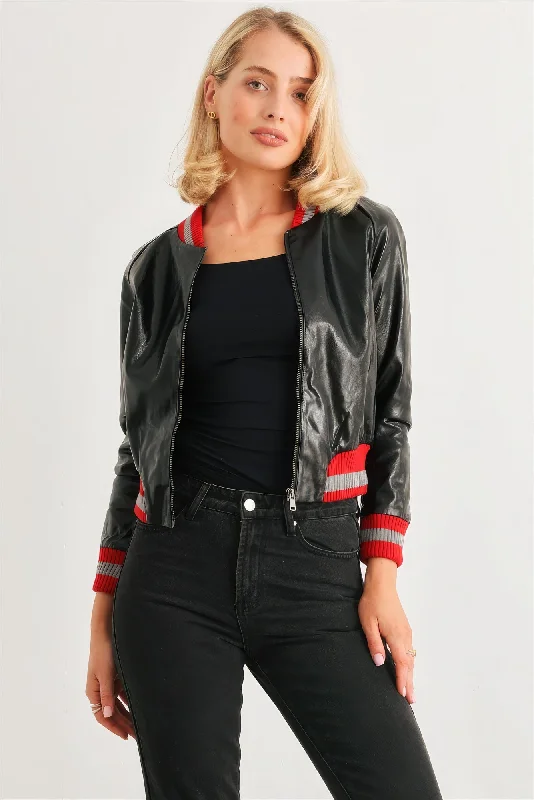 Black & Red Ribbed Vegan Leather Bomber Jacket Cardigan Sweater Pullover